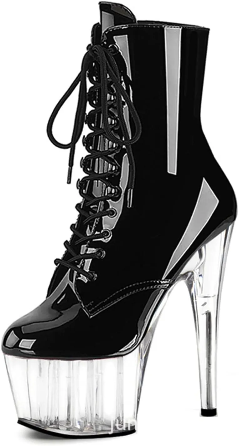 WOilERQ Sexy Crystal Platform Booties for Women Stiletto Crystal Heel Round Toe Mid Calf Boot Sexy Pole Dancing Stripper Club Heeled Dress Shoes Patent Leather 6.7"