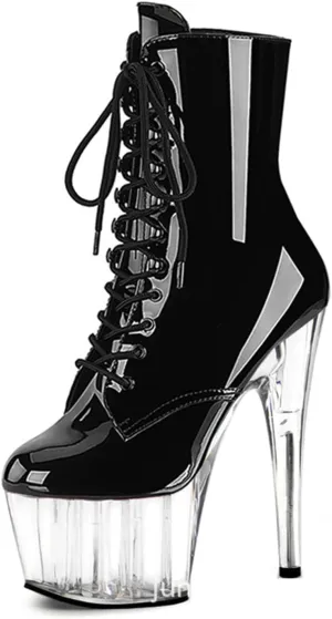 WOilERQ Sexy Crystal Platform Booties for Women Stiletto Crystal Heel Round Toe Mid Calf Boot Sexy Pole Dancing Stripper Club Heeled Dress Shoes Patent Leather 6.7"