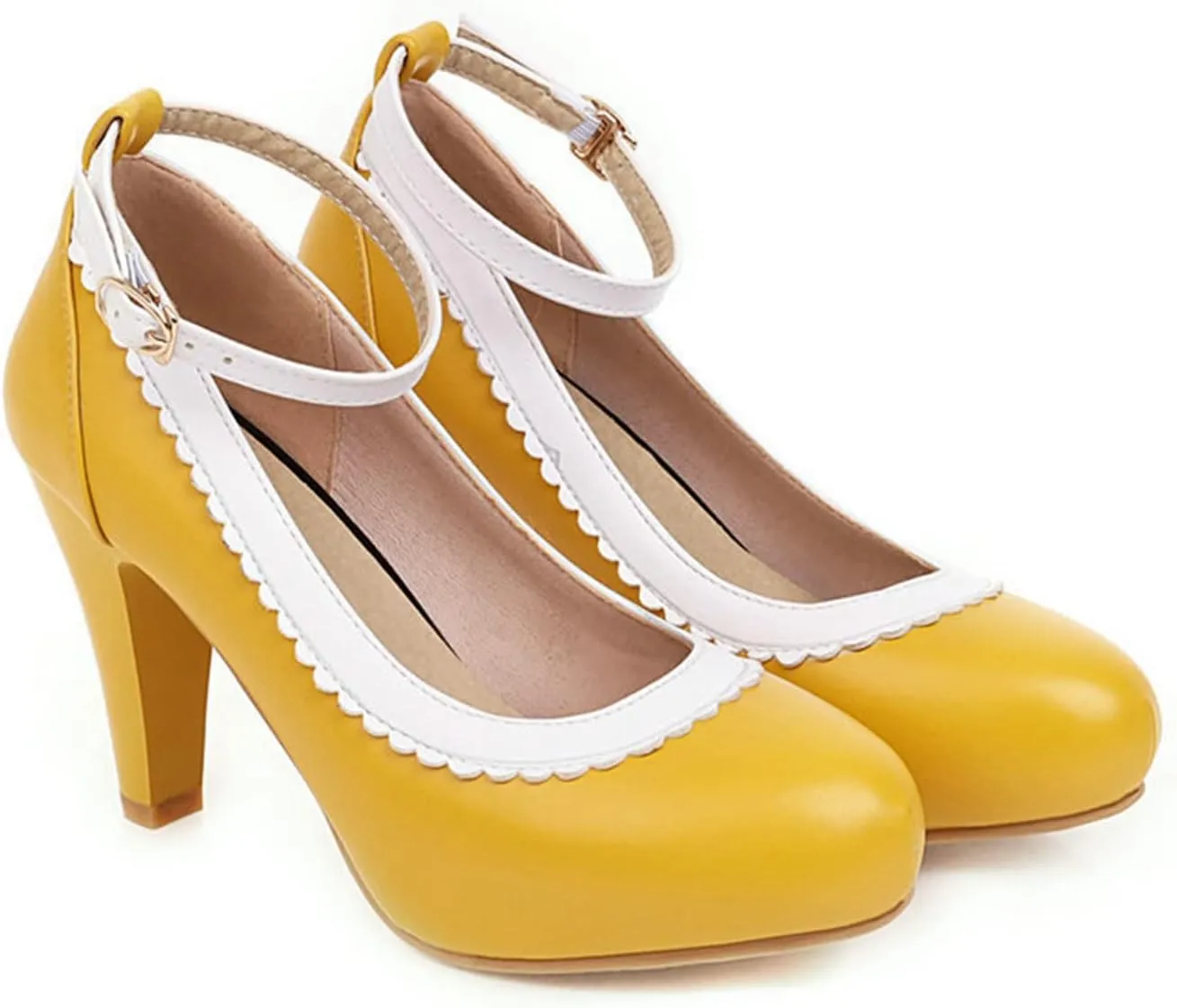 Women Ankle Strap High Heel Dress Shoes Two Tone Round Toe Slip On Buckle Leather Work Office Pumps