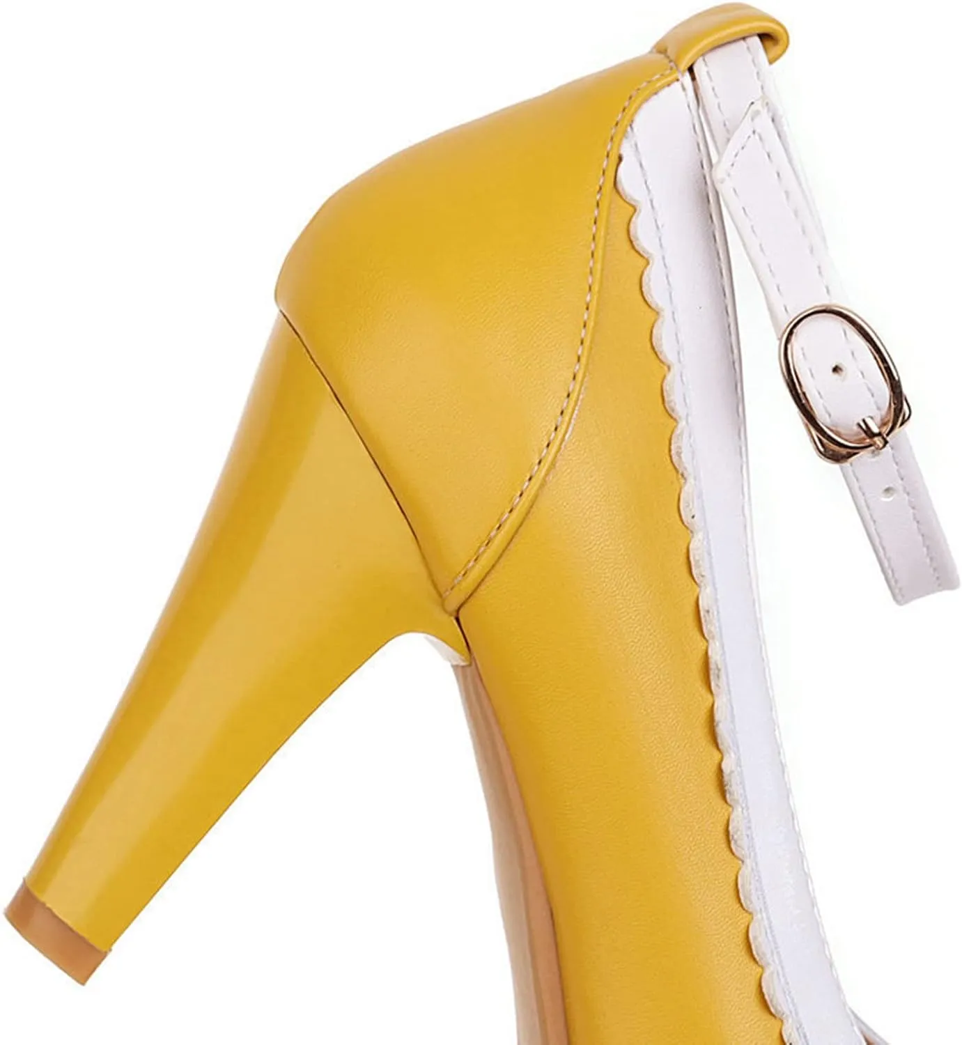 Women Ankle Strap High Heel Dress Shoes Two Tone Round Toe Slip On Buckle Leather Work Office Pumps