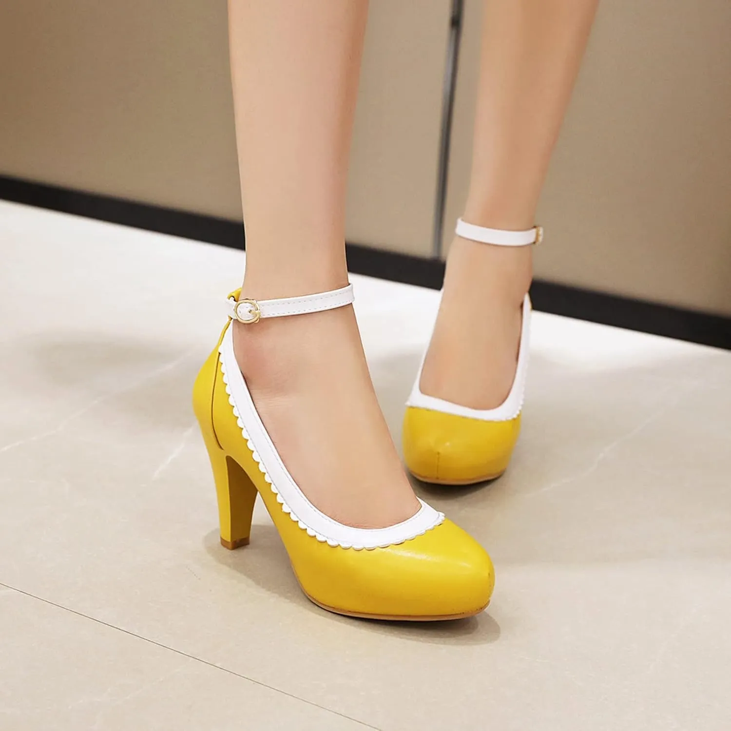 Women Ankle Strap High Heel Dress Shoes Two Tone Round Toe Slip On Buckle Leather Work Office Pumps
