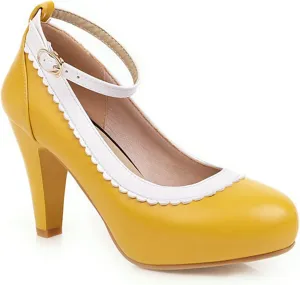 Women Ankle Strap High Heel Dress Shoes Two Tone Round Toe Slip On Buckle Leather Work Office Pumps