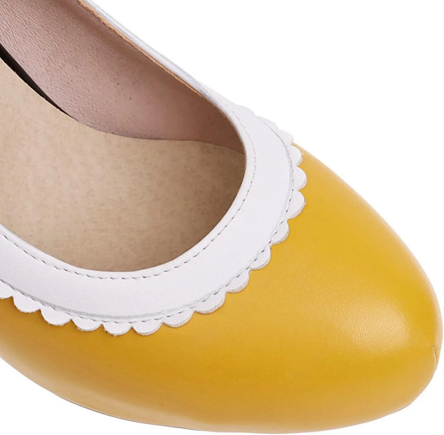 Women Ankle Strap High Heel Dress Shoes Two Tone Round Toe Slip On Buckle Leather Work Office Pumps