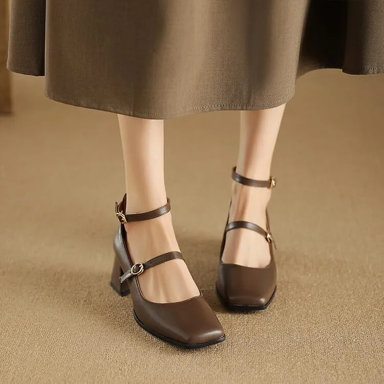 Women Ankle Strap Mary Jane Pumps Glossy Patent Square Toe Flare Heels
