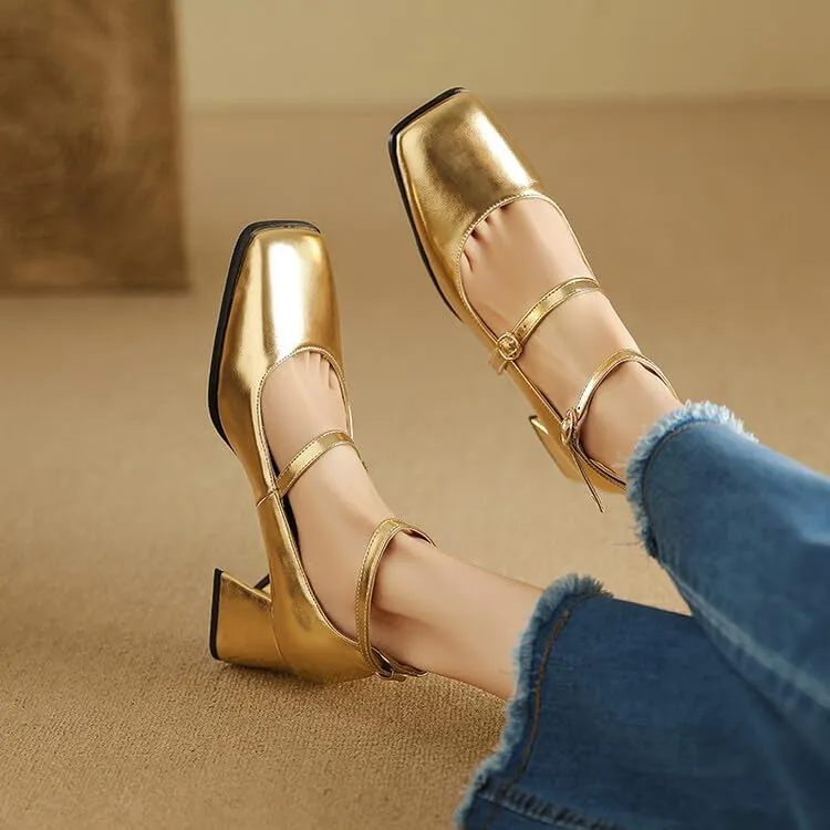 Women Ankle Strap Mary Jane Pumps Glossy Patent Square Toe Flare Heels