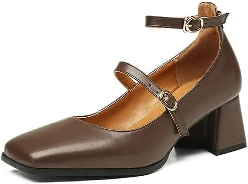 Women Ankle Strap Mary Jane Pumps Glossy Patent Square Toe Flare Heels