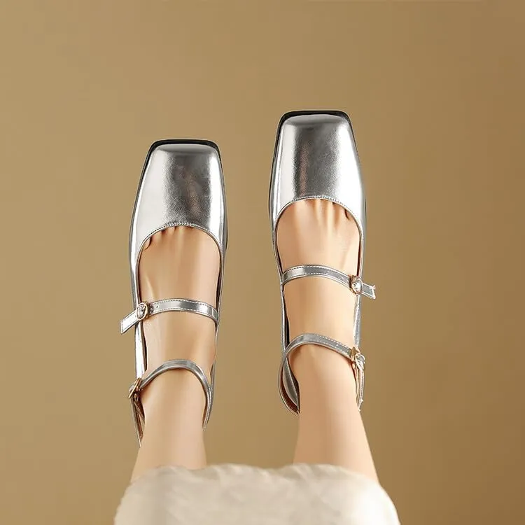 Women Ankle Strap Mary Jane Pumps Glossy Patent Square Toe Flare Heels