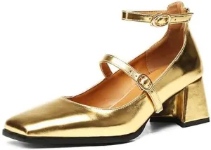 Women Ankle Strap Mary Jane Pumps Glossy Patent Square Toe Flare Heels