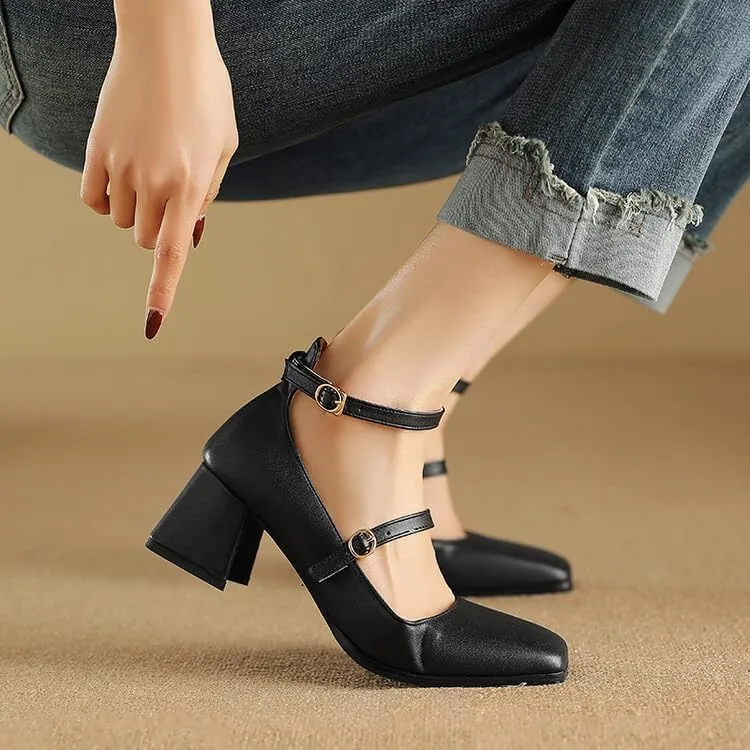 Women Ankle Strap Mary Jane Pumps Glossy Patent Square Toe Flare Heels