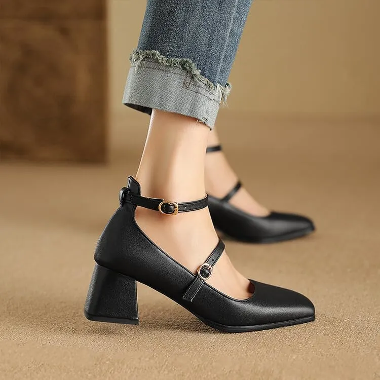 Women Ankle Strap Mary Jane Pumps Glossy Patent Square Toe Flare Heels