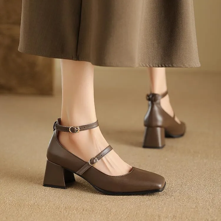 Women Ankle Strap Mary Jane Pumps Glossy Patent Square Toe Flare Heels