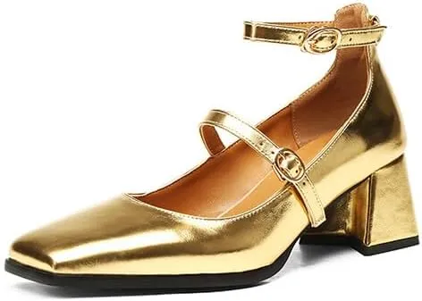 Women Ankle Strap Mary Jane Pumps Glossy Patent Square Toe Flare Heels