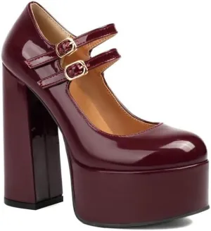 Women Ankle Strap Platform Pumps Glossy Patent Round Toe Chunky High Heels with Double Belt Buckles
