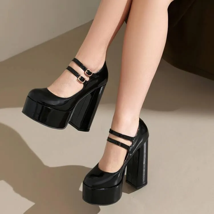 Women Ankle Strap Platform Pumps Glossy Patent Round Toe Chunky High Heels with Double Belt Buckles
