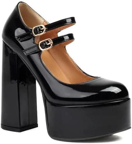 Women Ankle Strap Platform Pumps Glossy Patent Round Toe Chunky High Heels with Double Belt Buckles