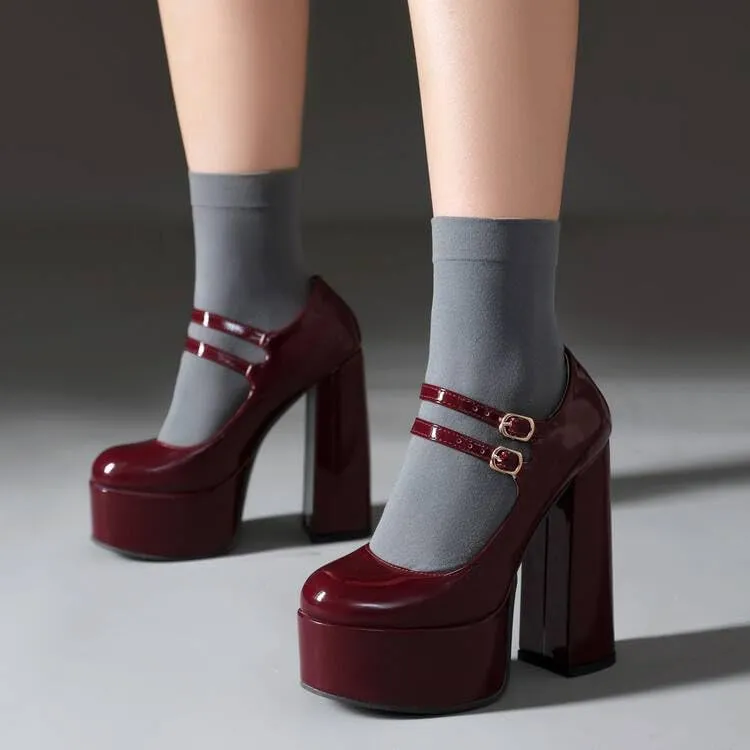 Women Ankle Strap Platform Pumps Glossy Patent Round Toe Chunky High Heels with Double Belt Buckles