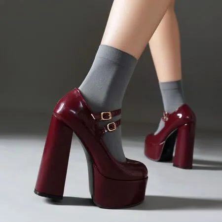 Women Ankle Strap Platform Pumps Glossy Patent Round Toe Chunky High Heels with Double Belt Buckles
