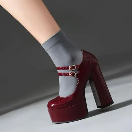 Women Ankle Strap Platform Pumps Glossy Patent Round Toe Chunky High Heels with Double Belt Buckles