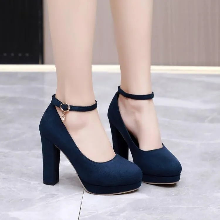 Women Ankle Strap Platform Pumps Round Toe Chunky High Heels for Office