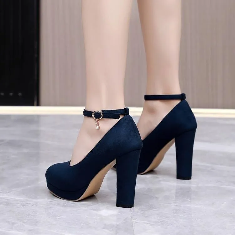 Women Ankle Strap Platform Pumps Round Toe Chunky High Heels for Office