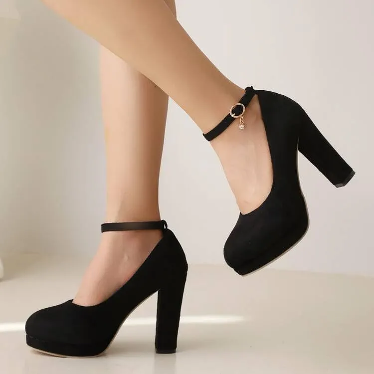 Women Ankle Strap Platform Pumps Round Toe Chunky High Heels for Office