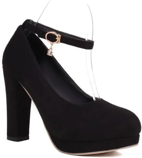 Women Ankle Strap Platform Pumps Round Toe Chunky High Heels for Office