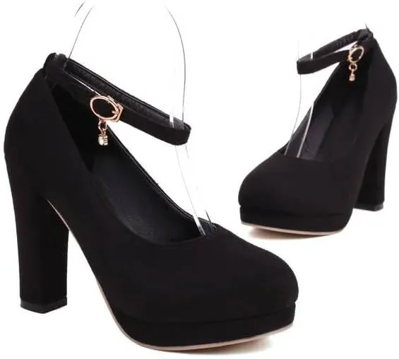 Women Ankle Strap Platform Pumps Round Toe Chunky High Heels for Office