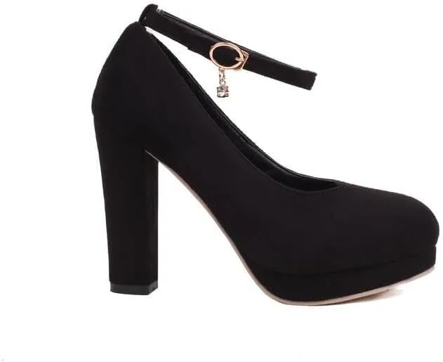 Women Ankle Strap Platform Pumps Round Toe Chunky High Heels for Office