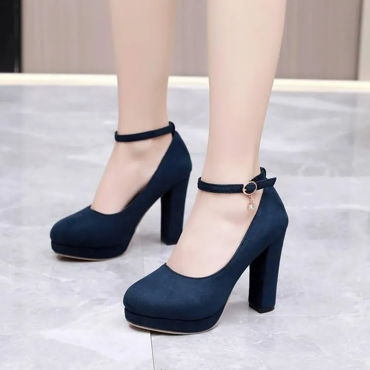 Women Ankle Strap Platform Pumps Round Toe Chunky High Heels for Office