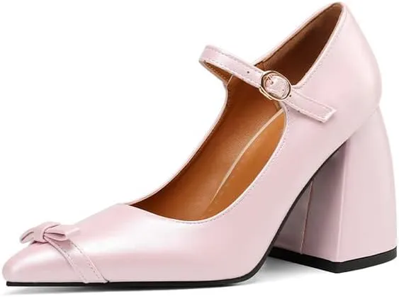 Women Bow Mary Jane Pumps Pointed Toe Flare Heels with Belt Buckles