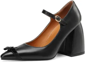 Women Bow Mary Jane Pumps Pointed Toe Flare Heels with Belt Buckles