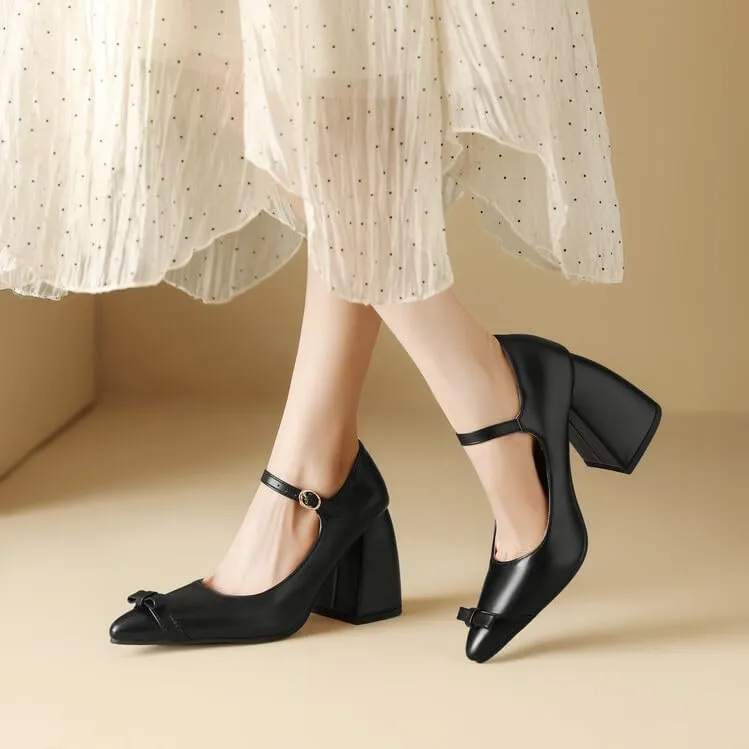 Women Bow Mary Jane Pumps Pointed Toe Flare Heels with Belt Buckles