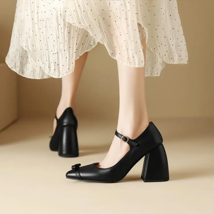 Women Bow Mary Jane Pumps Pointed Toe Flare Heels with Belt Buckles