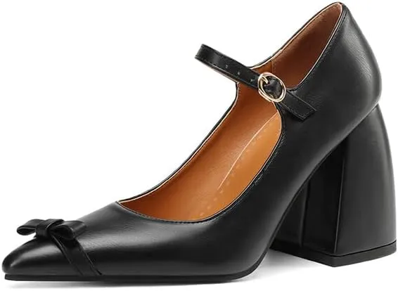 Women Bow Mary Jane Pumps Pointed Toe Flare Heels with Belt Buckles