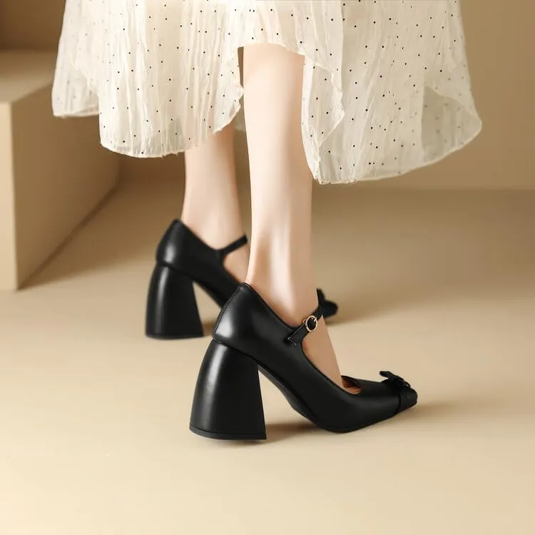 Women Bow Mary Jane Pumps Pointed Toe Flare Heels with Belt Buckles