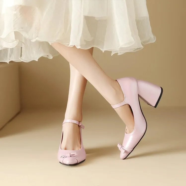 Women Bow Mary Jane Pumps Pointed Toe Flare Heels with Belt Buckles