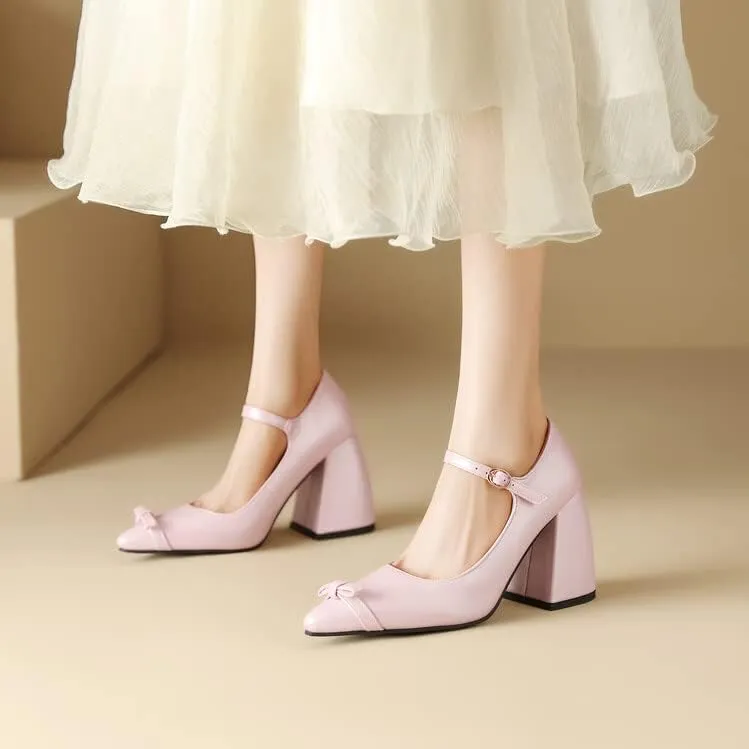 Women Bow Mary Jane Pumps Pointed Toe Flare Heels with Belt Buckles