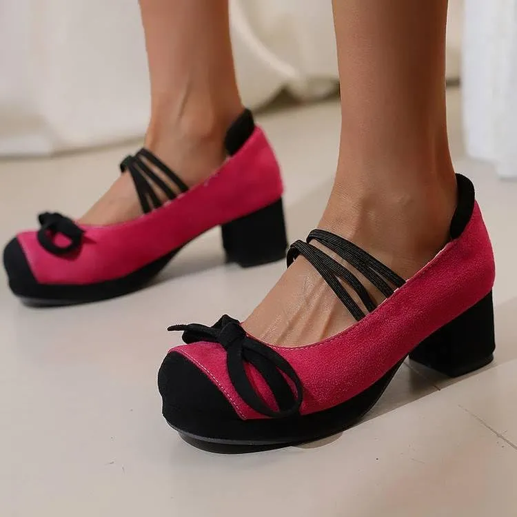 Women Bow Platform Mary Jane Pumps Round Toe Block Heels with Patchwork