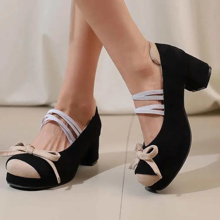 Women Bow Platform Mary Jane Pumps Round Toe Block Heels with Patchwork
