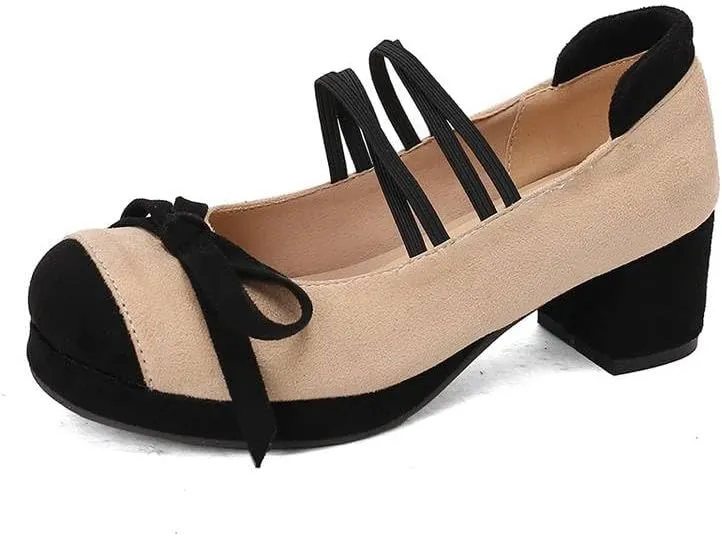 Women Bow Platform Mary Jane Pumps Round Toe Block Heels with Patchwork