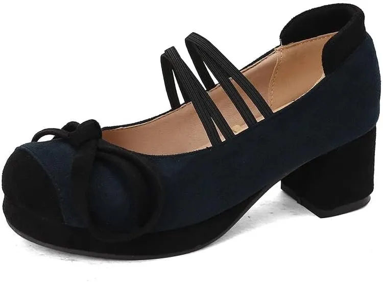 Women Bow Platform Mary Jane Pumps Round Toe Block Heels with Patchwork
