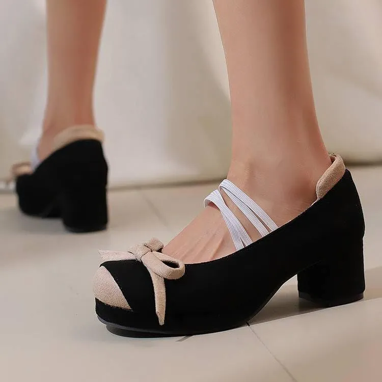 Women Bow Platform Mary Jane Pumps Round Toe Block Heels with Patchwork