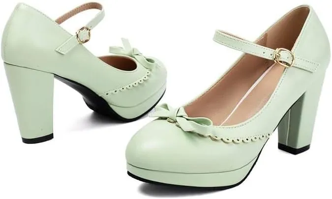 Women Bow Platform Mary Jane Pumps Round Toe Chunky High Heels with Belt Buckles