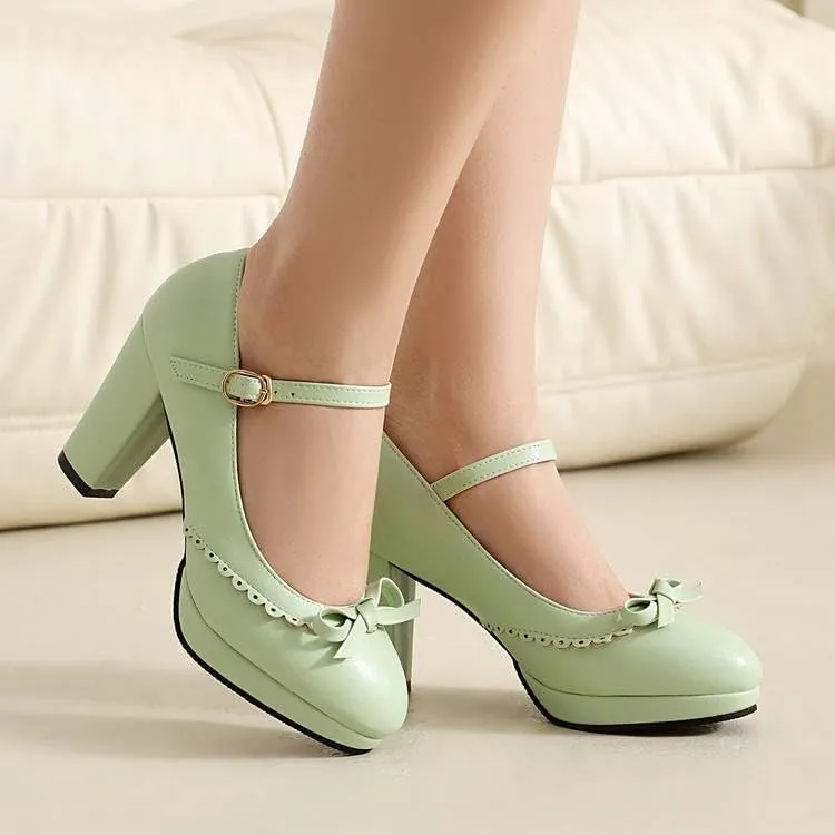 Women Bow Platform Mary Jane Pumps Round Toe Chunky High Heels with Belt Buckles
