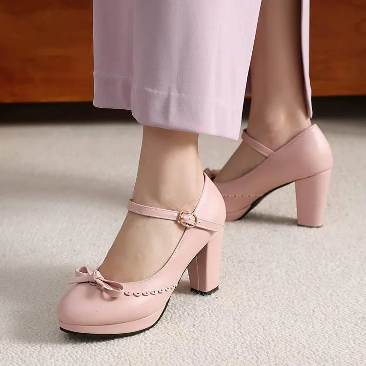 Women Bow Platform Mary Jane Pumps Round Toe Chunky High Heels with Belt Buckles