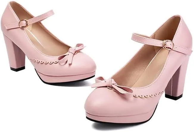 Women Bow Platform Mary Jane Pumps Round Toe Chunky High Heels with Belt Buckles