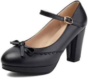 Women Bow Platform Mary Jane Pumps Round Toe Chunky High Heels with Belt Buckles