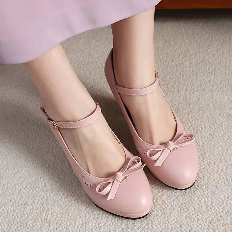 Women Bow Platform Mary Jane Pumps Round Toe Chunky High Heels with Belt Buckles