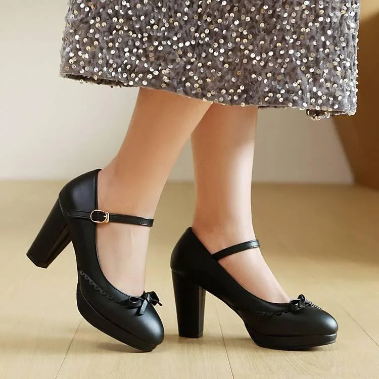 Women Bow Platform Mary Jane Pumps Round Toe Chunky High Heels with Belt Buckles