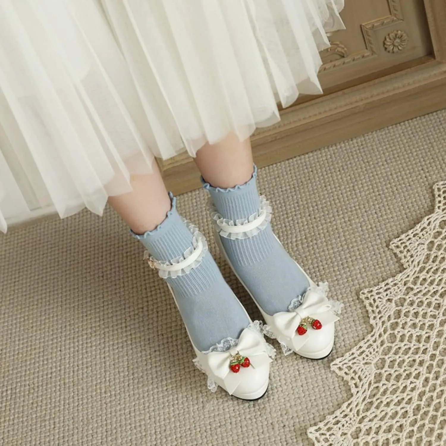 Women Chunky High Heel Lolita Shoes Round Toe Ankle Strap Bowknot Sweet Maid Platform Dress Pumps